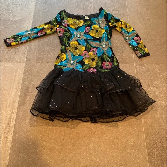 Naeem Khan Dresses | Naeem Khan Cocktail Dress Size M Colorful Flower Sequins&Black Tulle Finish | Color: Black/Blue | Size: M | Pm-27907777'S Closet